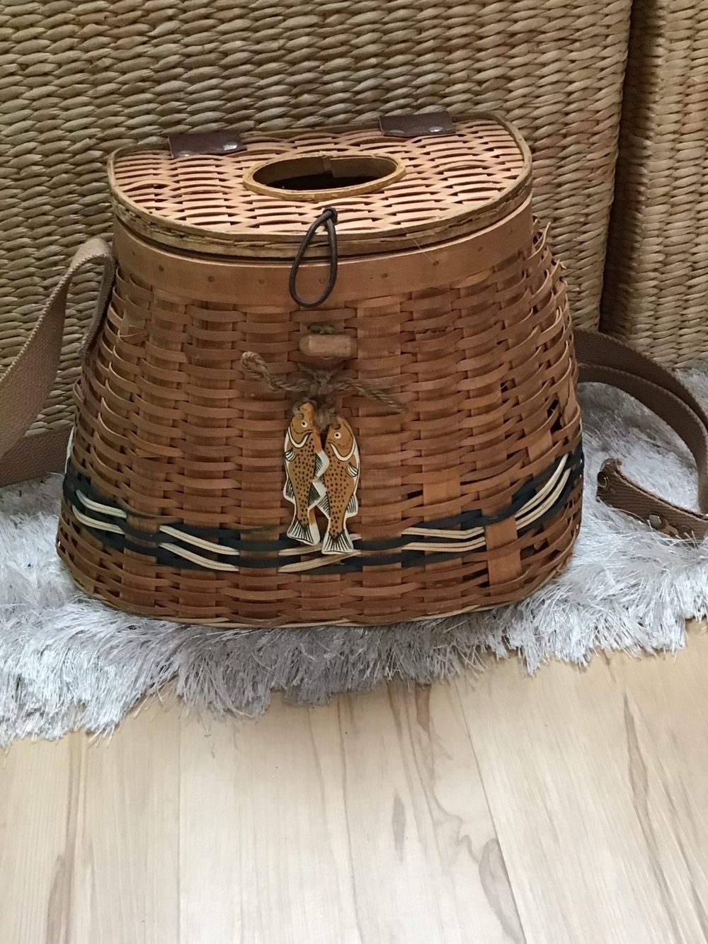 Handwoven Brown Rattan Fisherman Basket With Fish Charm